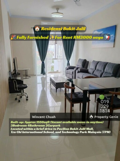 Residensi Bukit Jalil 1550sqft Fully Furnished Condo For Rent (3R2B)