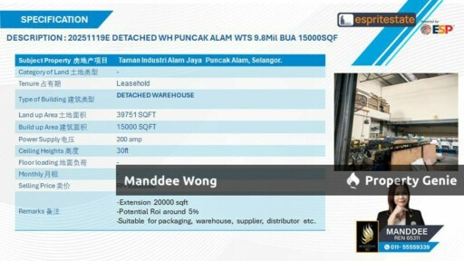 WTS/DETACHED WAREHOUSE/15K SQFT/9.8MIL/TAMAN INDUSTRI ALAM JAYA/