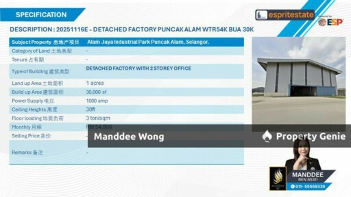 WTR/DETACHED FACTORY/2 STOREY OFFICE/30K SQFT/54K/ALAM JAYA/PUNCAK ALAM