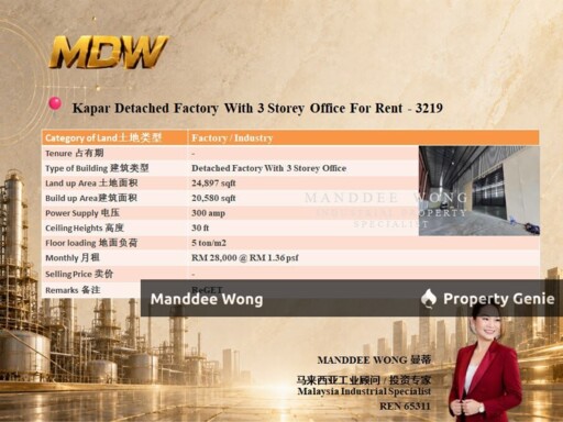 WTR/DETACHED FACTORY WITH 3 STOREY OFFICE/20,580 SQFT/KAPAR/KLANG/SELANGOR
