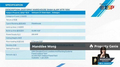 WTR/WAREHOUSE/42K SQFT/105K/SEKSYEN 25/SHAH ALAM