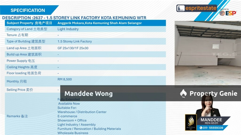 WTR/1.5 STOREY LINK FACTORY/3,250 SQFT/8,500/ANGGERIK MOKARA/KOTA KEMUNING