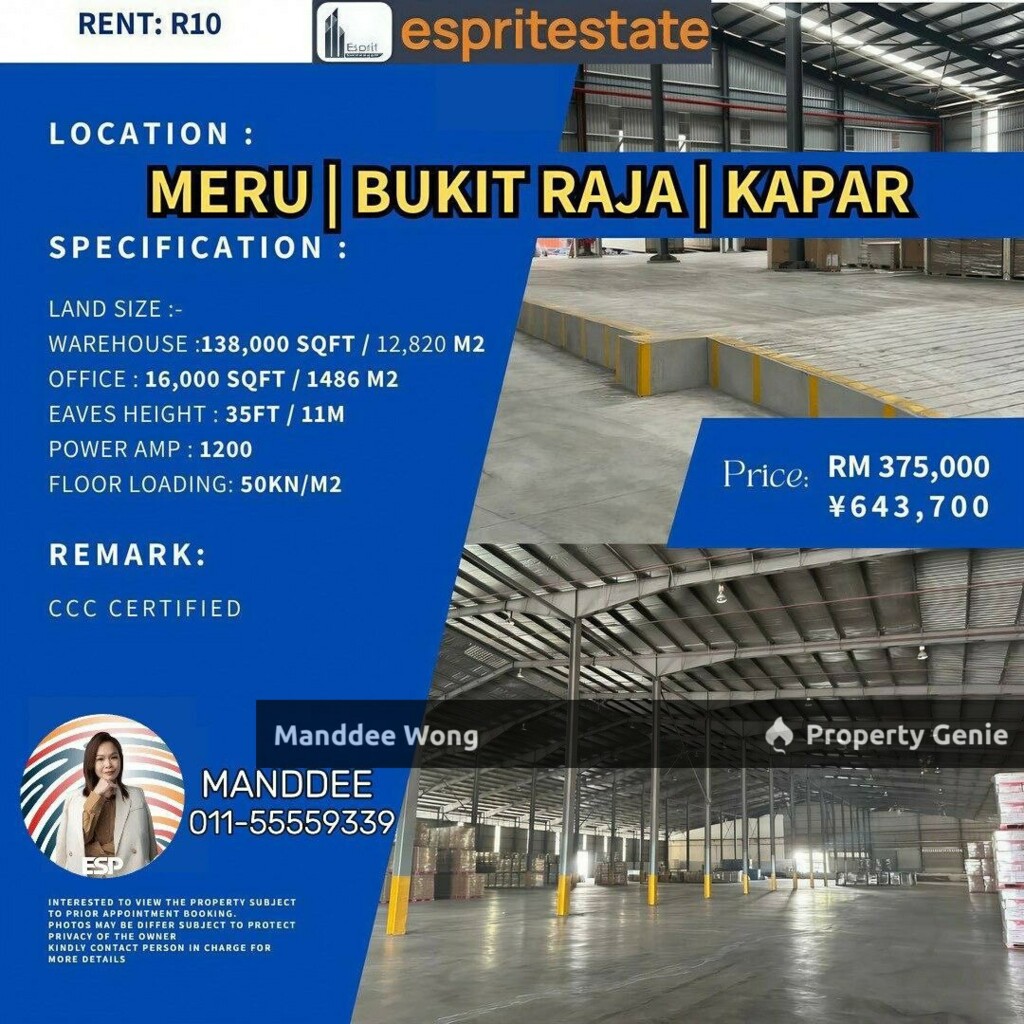 Warehouse Bukit Raja For Rent/138,000 sqf/RM375,000