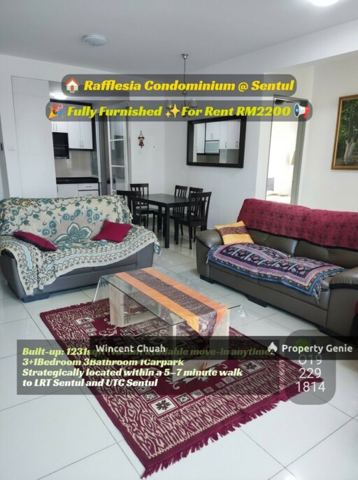 Rafflesia Condominium Sentul For Rent | 1231 sqft 3+1 Bed Fully Furnished near LRT