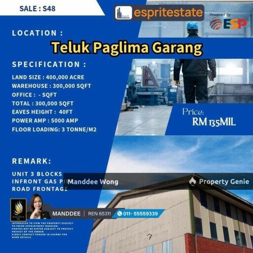 WTS/WAREHOUSE/FACTORY/300K SQFT/135 MIL/TELUK PANGLIMA GARANG/KLANG