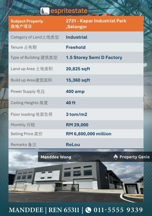 WTS/1.5 STOREY SEMI DETACHED/15,360 SQFT/6.8MIL/KAPAR INDUSTRIAL PARK/SELANGOR