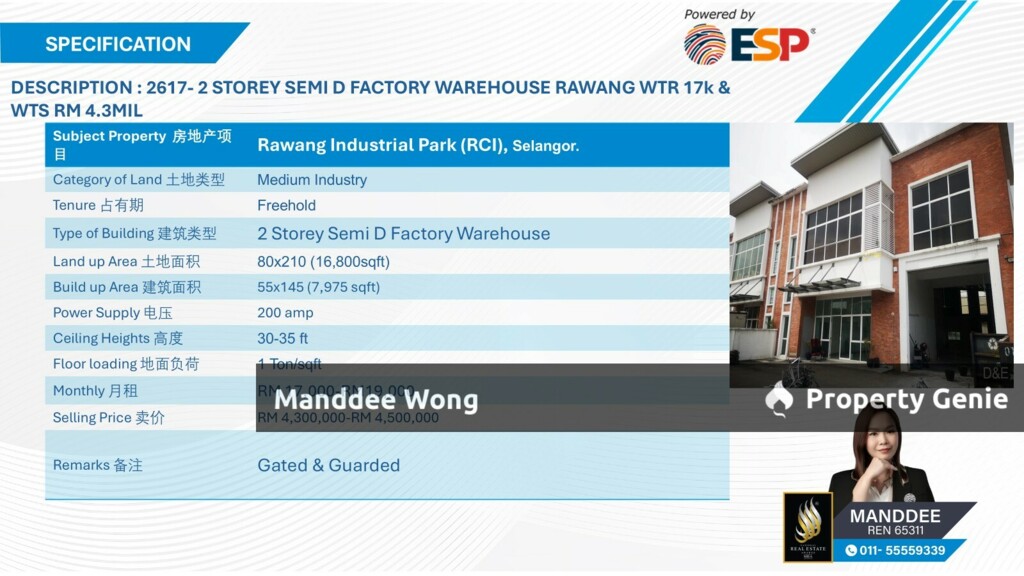 WTR/2 STOREY SEMI-D FACTORY/WAREHOUSE/7,975 SQFT/17K/RAWANG INDUSTRIAL PARK