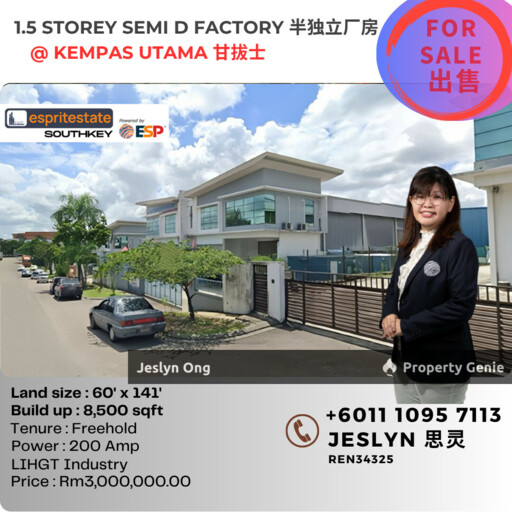 1.5 storey Semi-D Factory @ Kempas Utama For Sale
