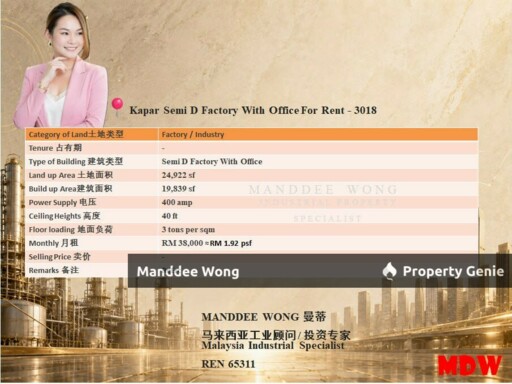 WTR/SEMI-D FACTORY WITH OFFICE/19,839 SQFT/KAPAR/KLANG/SELANGOR