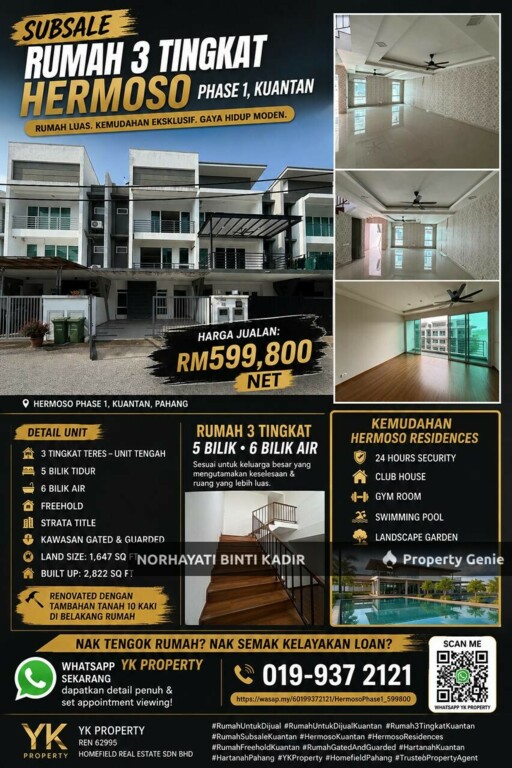 SUBSALE RUMAH 3 TINGKAT HERMOSO PHASE 1, KUANTAN - RM 599,800 NET!🔥