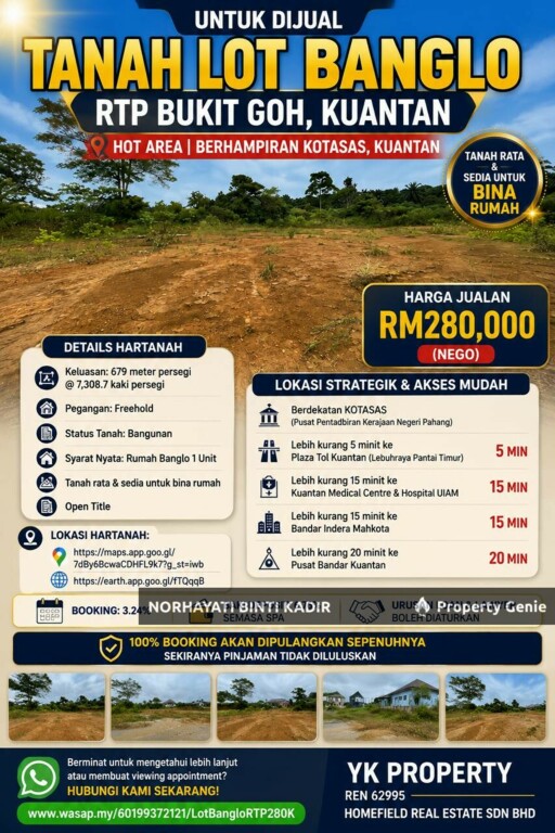 🔥 TANAH LOT BANGLO UNTUK DIJUAL DI RTP BUKIT GOH, KUANTAN 🔥 📍 Hot Area | Berhampiran KOTASAS, Kuantan