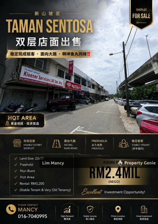 Taman Sentosa @ Jalan Sutera / Double Storey Shoplot / Facing Main Road /