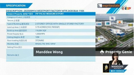 WTR/FACTORY/116,084 SQFT/243,776/PULAU INDAH INDUSTRIAL PARK/WEST PORT