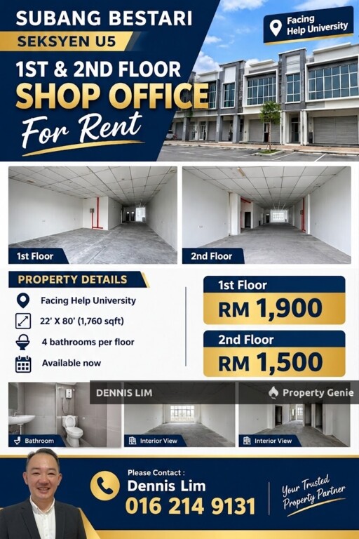 Subang Bestari Seksyen U5 1st And 2nd Floor For Rent