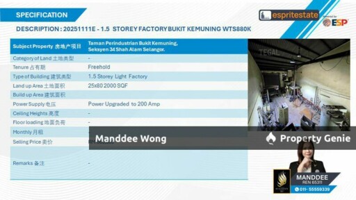 WTS/1.5 STOREY LIGHT FACTORY/2K SQFT/880,000/BUKIT KEMUNING/SHAH ALAM