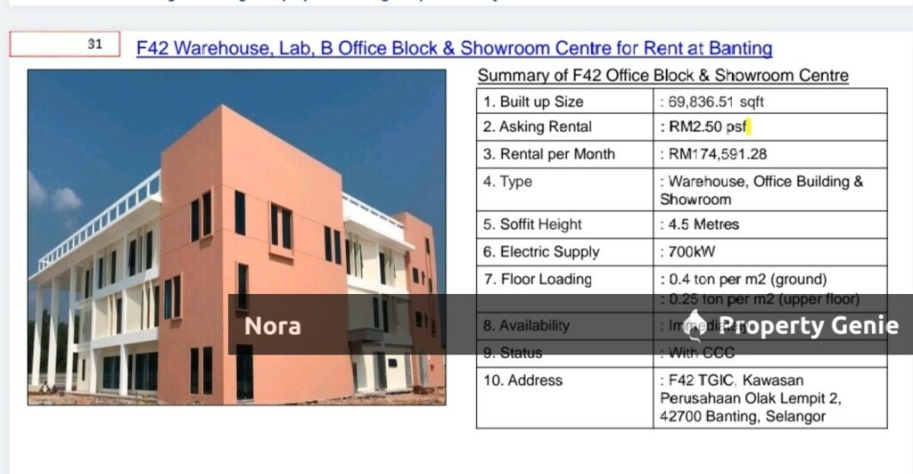 FOR RENT: Spacious F42 Warehouse, Lab, B Office Block & Showroom Centre in Banting