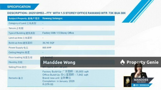 WTR/FACTORY/1.5 STOREY OFFICE/38,745 SQFT/73,615/KUNDANG/RAWANG