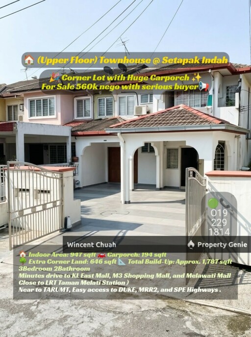 Corner Townhouse Setapak Indah KL | 1,787 sqft | 3R2B For Sale