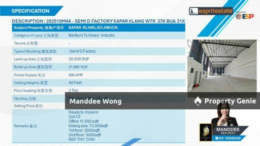 WTR/SEMI DETACHED FACTORY/21K SQFT/37K/KAPAR/KLANG