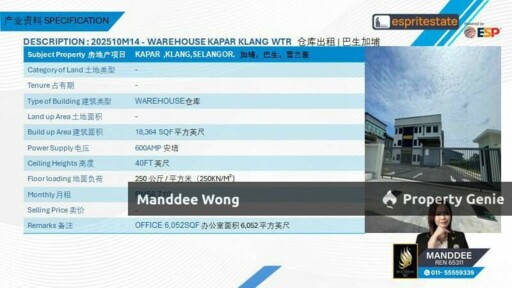 WTR/WAREHOUSE/18,364 SQFT/58,710/KAPAR/KLANG