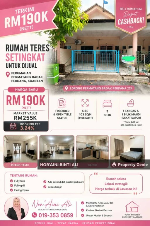 RUMAH TERES SETINGKAT UNTUK DIJUAL - Perumahan Permatang Badak Perdana, Kuantan.