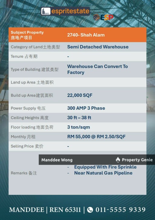 WTR/SEMI-D WAREHOUSE/CONVERT TO FACTORY/22K SQFT/55K/SHAH ALAM