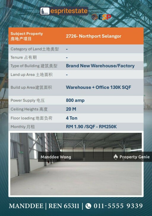 WTR/BRAND NEW WAREHOUSE/FACTORY/130K SQFT/250K/NORTH PORT/KLANG