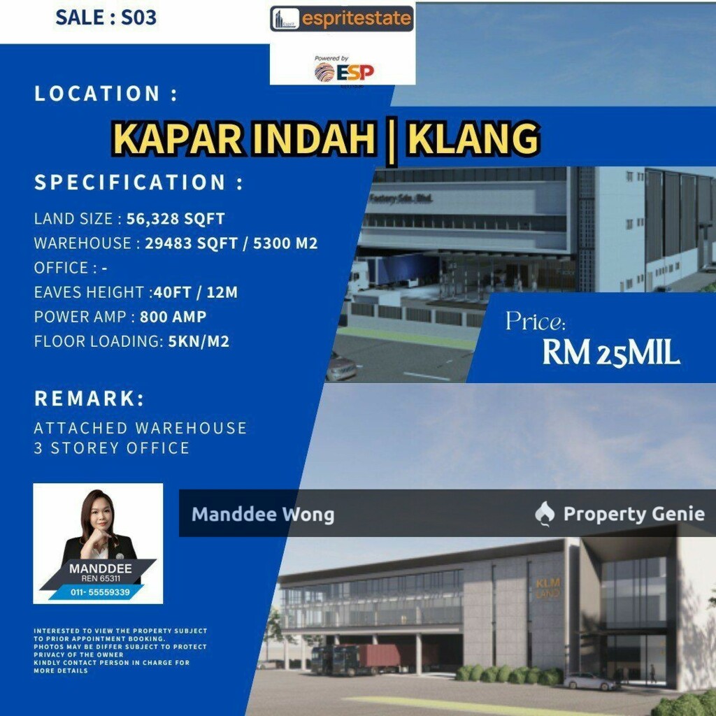 WTS/WAREHOUSE 3 STOREY OFFICE/29,483 SQFT/25 MIL/KAPAR INDAH/KLANG