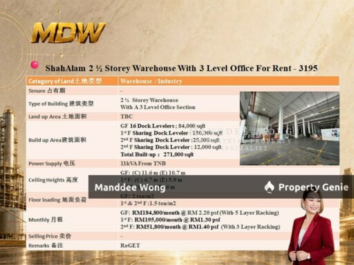 WTR/2½ STOREY WAREHOUSE WITH 3 LEVEL OFFICE SECTION/271,000 SQFT/SHAH ALAM/SELANGOR