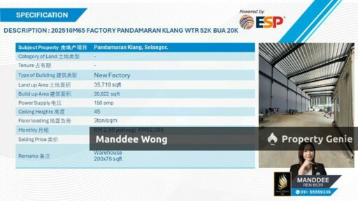 WTR/NEW FACTORY/20,822 SQFT/52,055/PANDAMARAN/KLANG