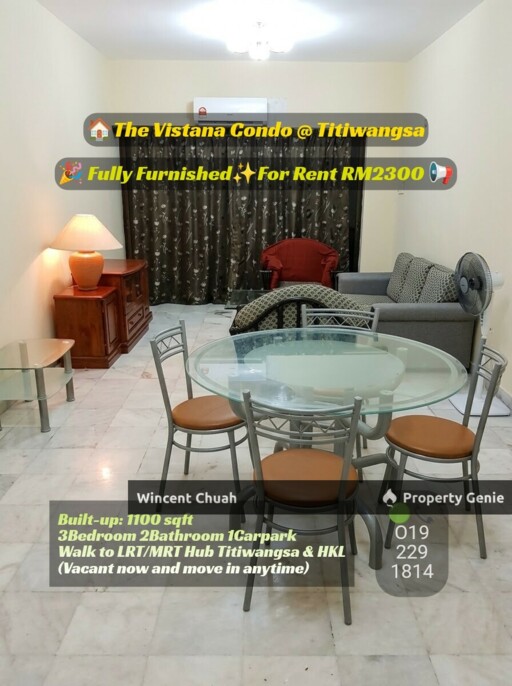 The Vistana Condo Titiwangsa For Rent | 3BR Fully Furnished Near HKL & MRT