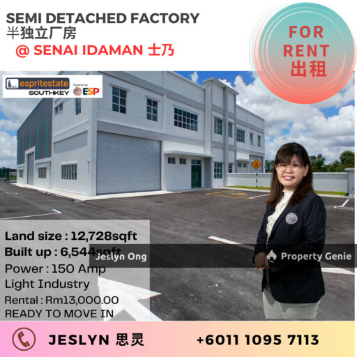 1.5 storey Semi-D Factory at Senai Idaman for Sale & Rent