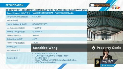 WTS/SEMI-D FACTORY/54,510.75 SQFT/29,980,885/TAMAN PERINDUSTRIAN PULAU INDAH/KLANG