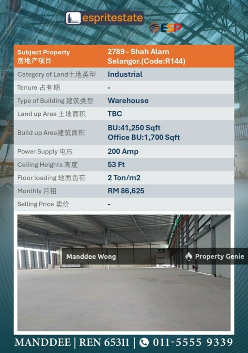 WTR/WAREHOUSE (HIGH CEILING, READY OPERATION)/41,250 SQFT/86,625/SHAH ALAM