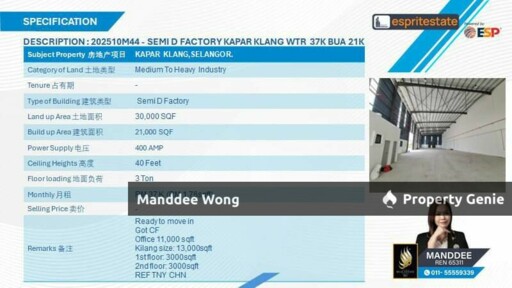 WTR/SEMI DETACHED FACTORY/21K SQFT/37K/KAPAR/KLANG