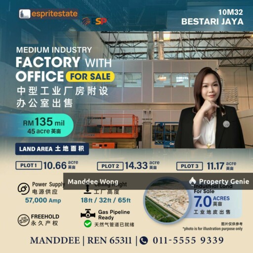 WTS/MEDIUM INDUSTRY FACTORY/45 ACRE/135 MIL/BESTARI JAYA