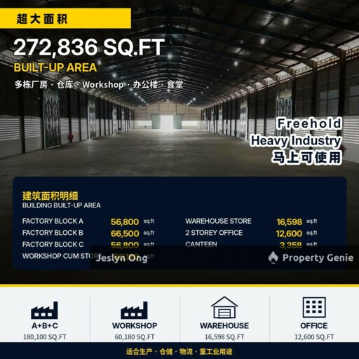 3 Blocks Detached Factory, Warehouse & Office at Tenang Segamat for Sale & Rent
