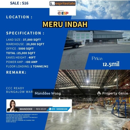 WTS/Warehouse Bungalow/Meru Indah/25,000 Sqft/12.5 Million
