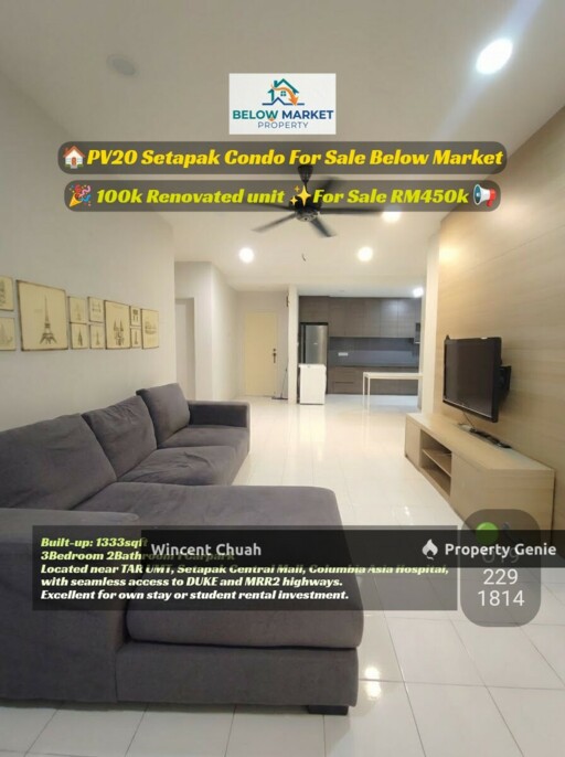 (BelowMarket) PV20 Setapak Renovated Unit with Cost 100k