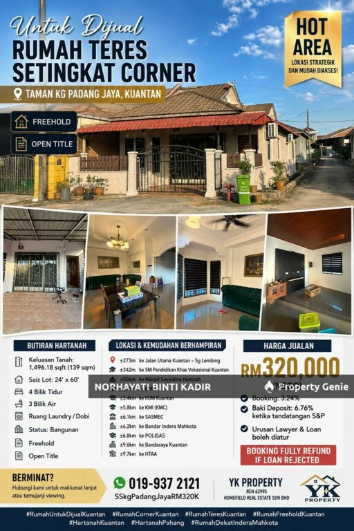 🏡 UNTUK DIJUAL | RUMAH TERES SETINGKAT END LOT DI KG PADANG JAYA, KUANTAN