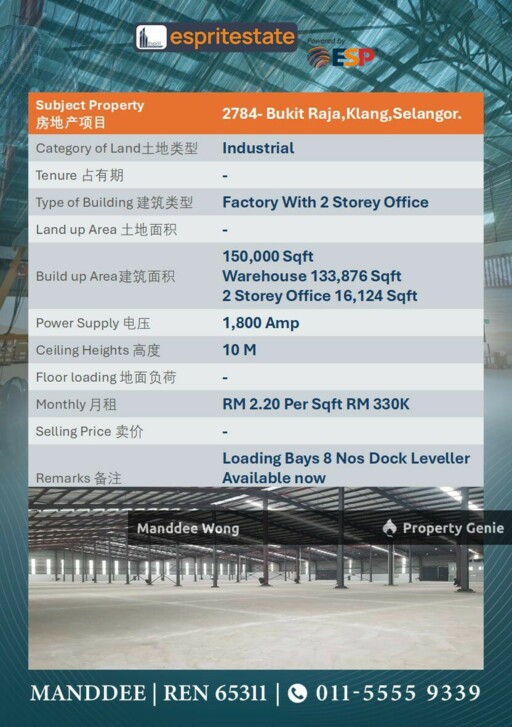 WTR/FACTORY WITH 2 STOREY OFFICE/150K SQFT/330K/KLANG/SELANGOR