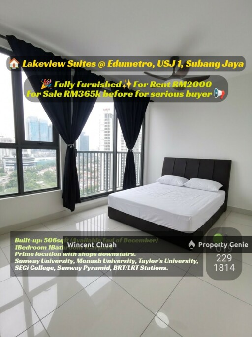 Lakeview Suites Edumetro USJ 1 Subang Jaya For Sale / Rent | Fully Furnished 1 Bed