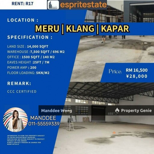 Warehouse Meru For Rent/14,000sqf/RM16,500