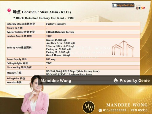 WTR/2 BLOCK DETACHED FACTORY/45,980 SQFT/101,200/SHAH ALAM