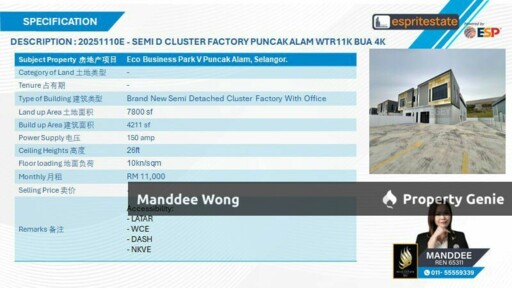 WTR/SEMI-D CLUSTER FACTORY/4,211 SQFT/11K/ECO BUSINESS PARK V/PUNCAK ALAM