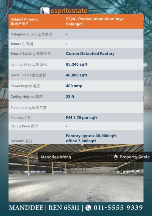 WTR/CORNER DETACHED FACTORY/48,800 SQFT/79,560/PUNCAK ALAM JAYA/SELANGOR