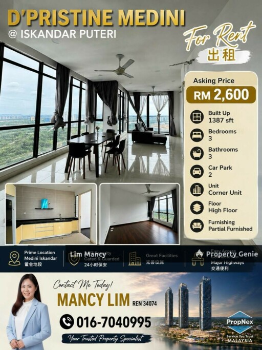 D'Pristine Medini Iskandar Puteri 3+1Bedroom Apartment For Rent