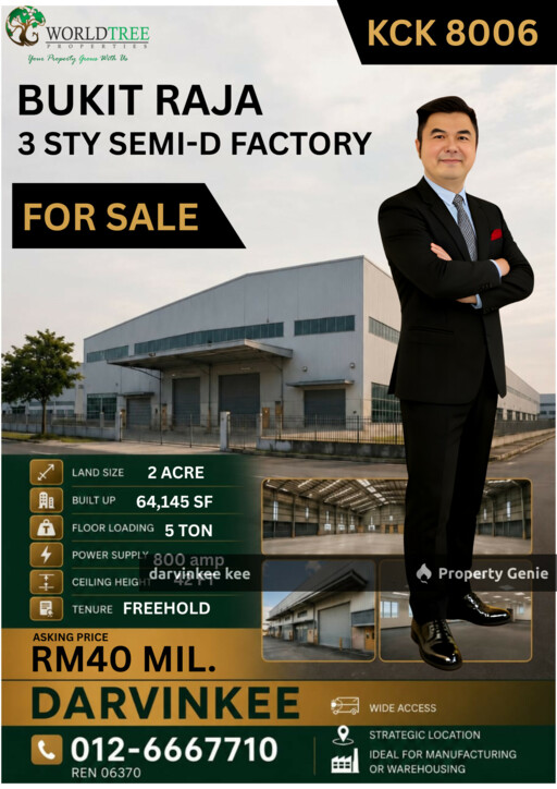BUKIT RAJA 3 STY SEMI D FACTORY FOR SALE