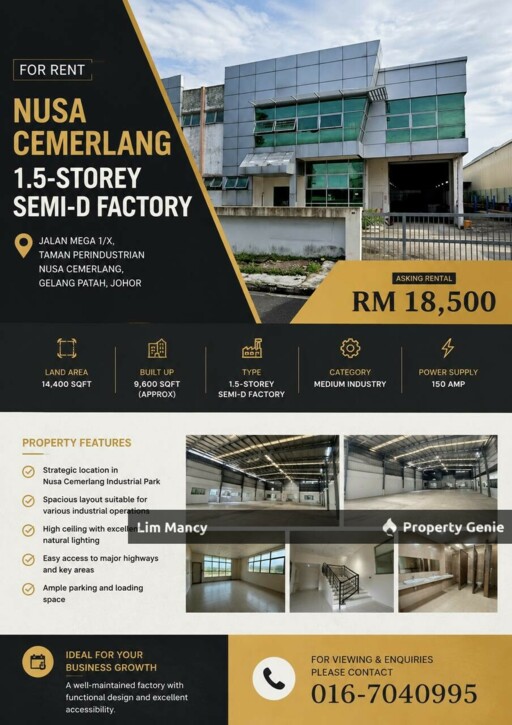 Nusa Cemerlang Gelang Patah Medium Industrial Semi Detached Factory For Rent