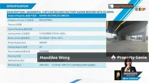 WTS/3 STOREY DETACHED FACTORY/44,160 SQFT/22.08 MIL/KAPAR BESTARI/KLANG